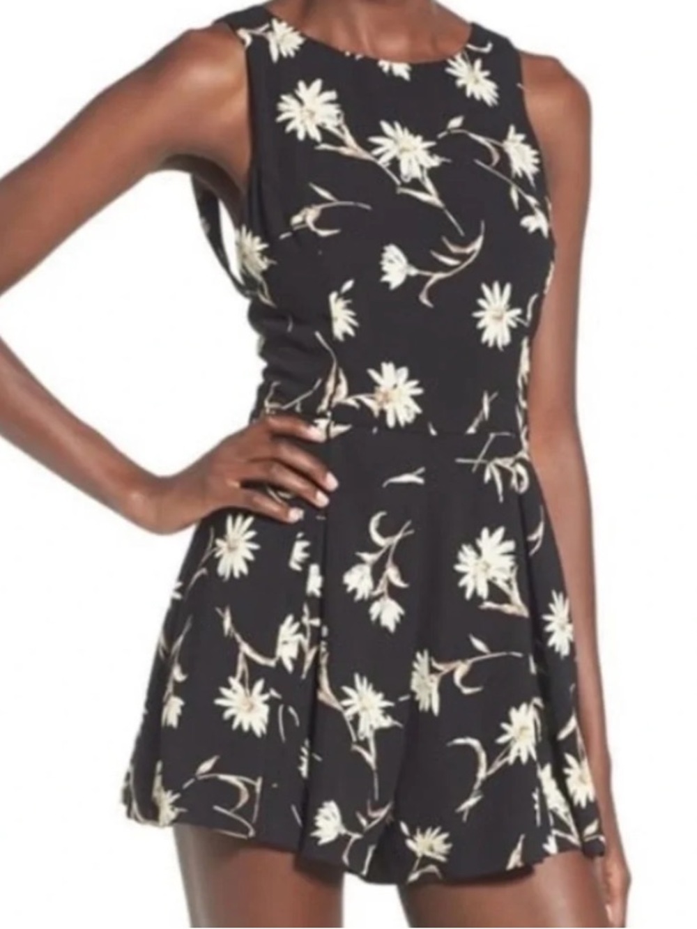 ASTR Black Sleeveless Romper with White Daisies